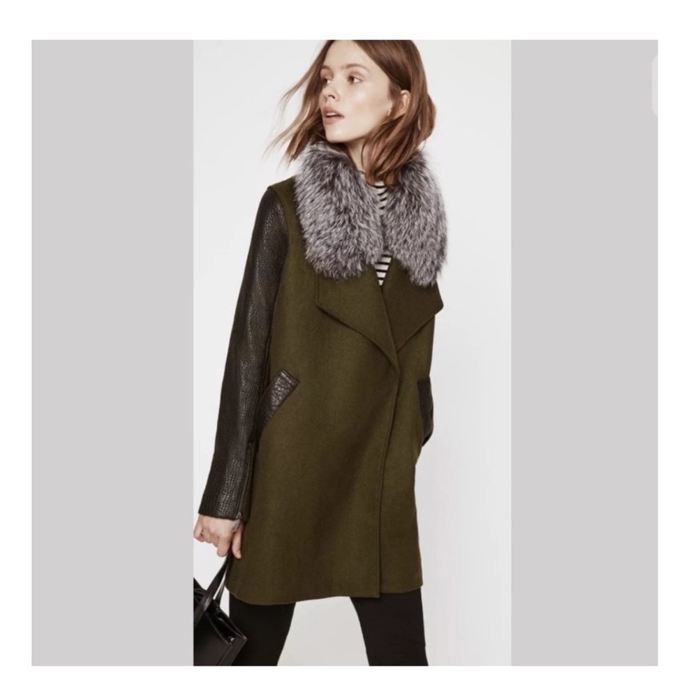 Rebecca Minkoff Olive Green Wool Leather Mixed Media Coat Gray Faux Fur Collar S